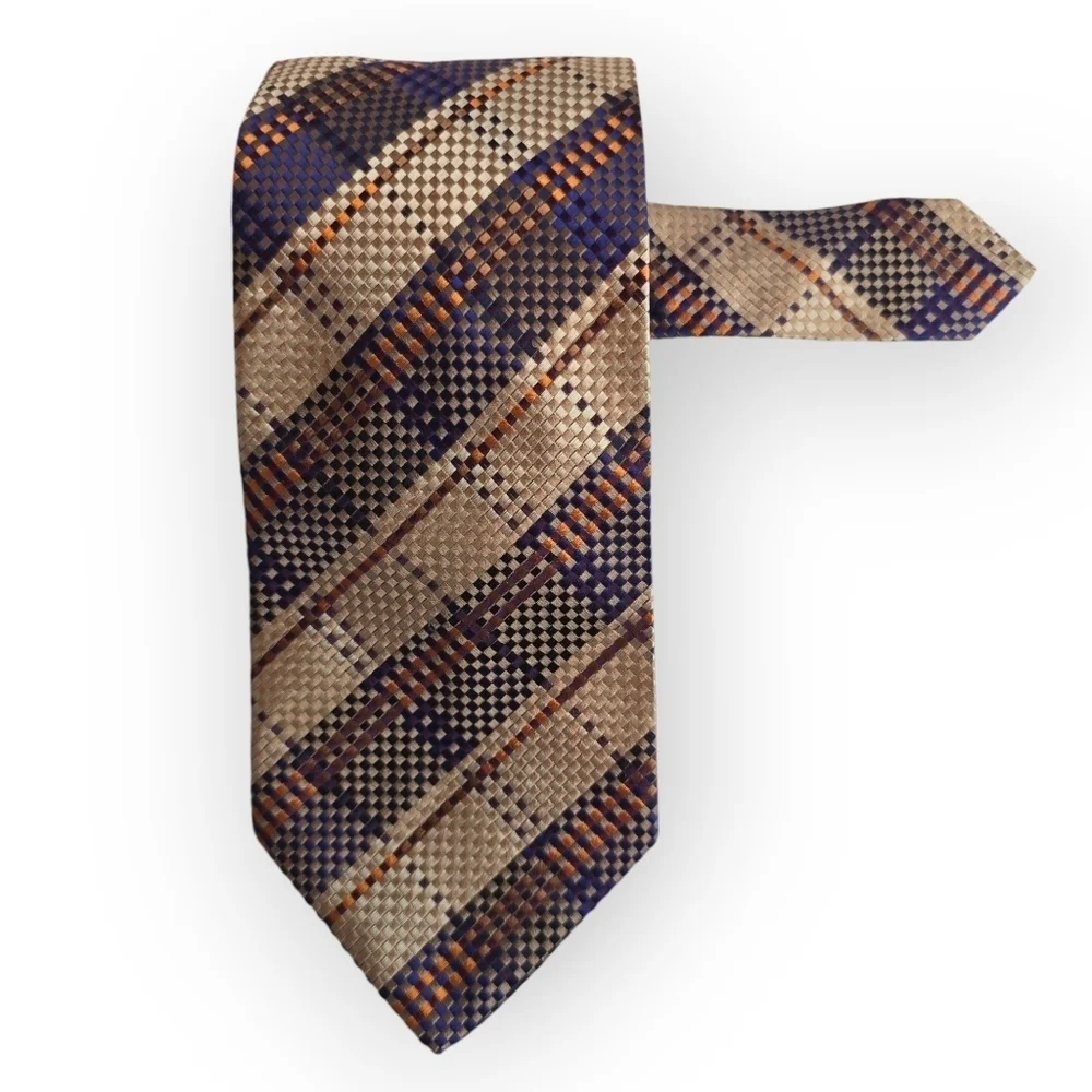 RODA Silk Men's Repp Tie Woven Striped Handmade In Italy Tan Blue 61